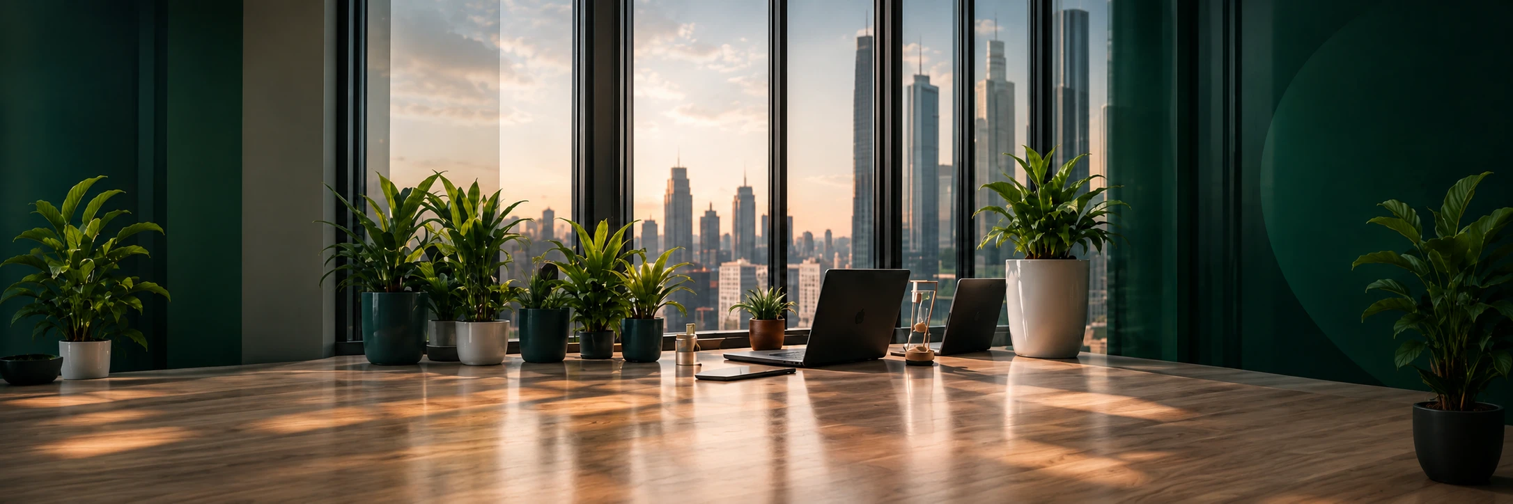 Oficina luminosa con plantas y vista a la ciudad