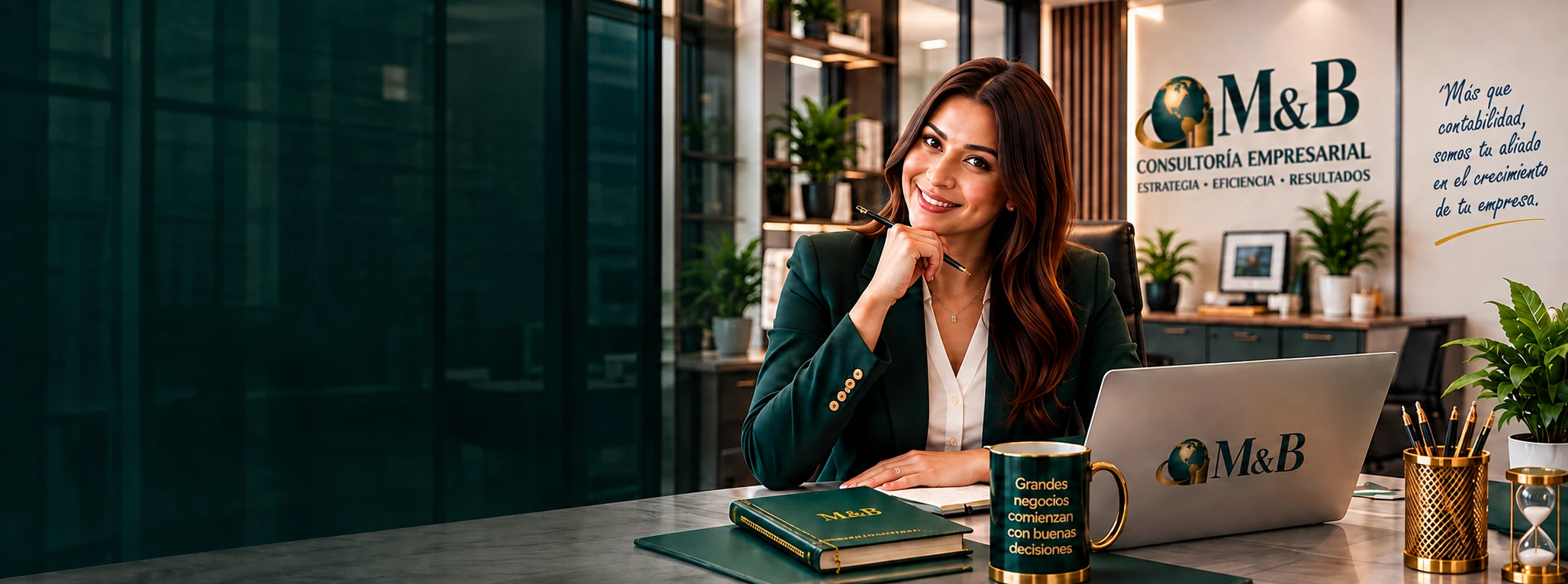 Asesora de M&B en su oficina, lista para acompañar a tu empresa